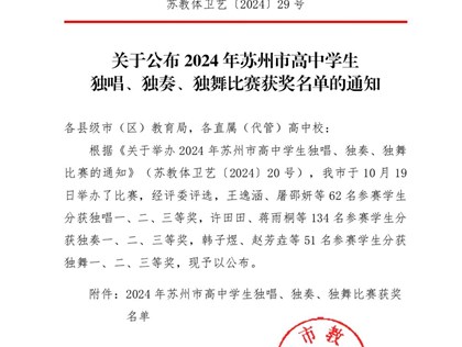 喜报！我校学生在2024年苏州市高中学生独唱、独奏、独舞比赛中荣获佳绩